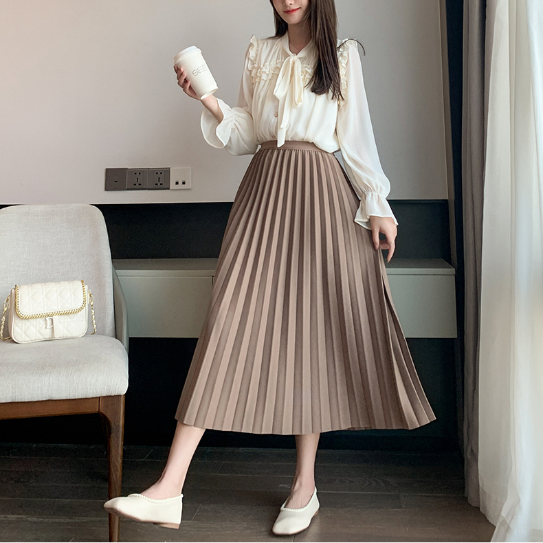 Pleated large swing A-line umbrella skirt long skirt spring and summer elastic high waist high temperature pleated retro slim mid-length skirt_voghion.com