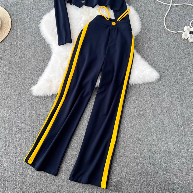 Îmbrăcăminte pentru femei Toamnă și iarnă pentru femei în stil coreean culoare contrastantă jachetă cu guler stand Set trei piese vestă pantaloni lați cu talie înaltă_voghion.com