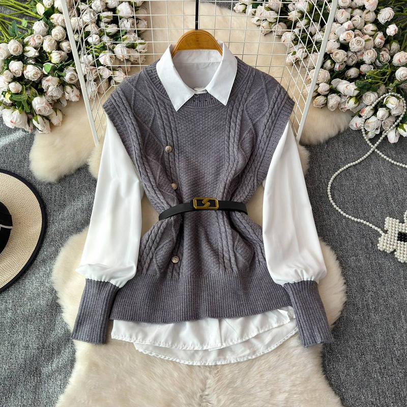 Damenbekleidung 2024 Frühling und Herbst Neue Hemdoberteile Damenpulloveranzug Strickweste Weste Hemd Westernstil Altersreduzierender Zweiteiliger Anzug_voghion.com
