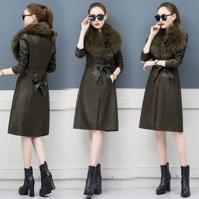 Abbigliamento da donna Giacca in pelle con ampio collo in pelliccia Cappotto invernale in pelle da donna Lunghezza media Vestibilità aderente Vita sottile_voghion.com