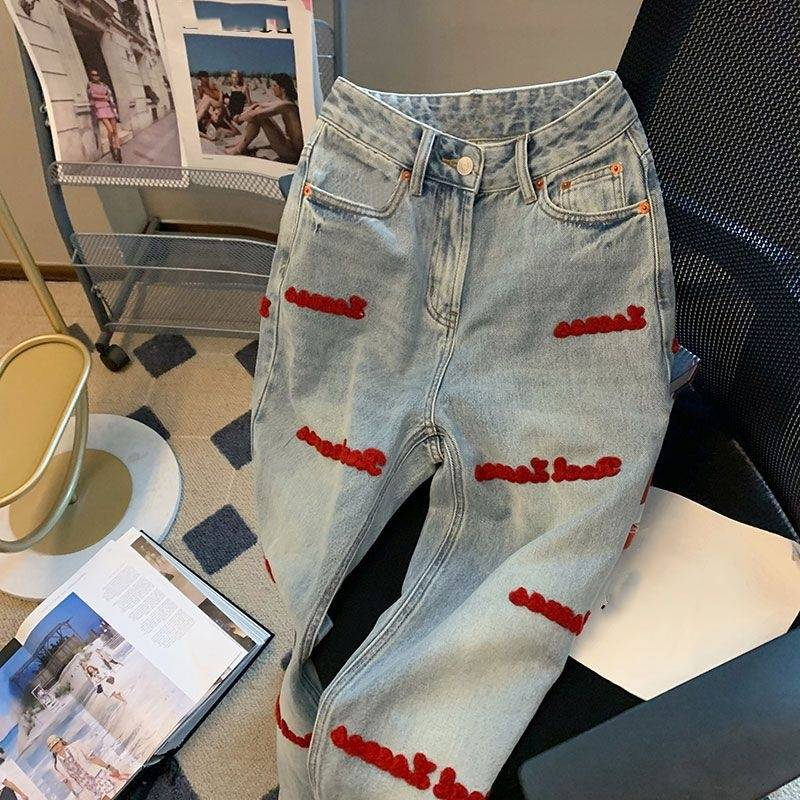 Damkläder Ins Retro High Street Brev Broderade jeans Dam Trendig märkesdesign Lösa raka Breda Ben Mopping Byxor_voghion.com