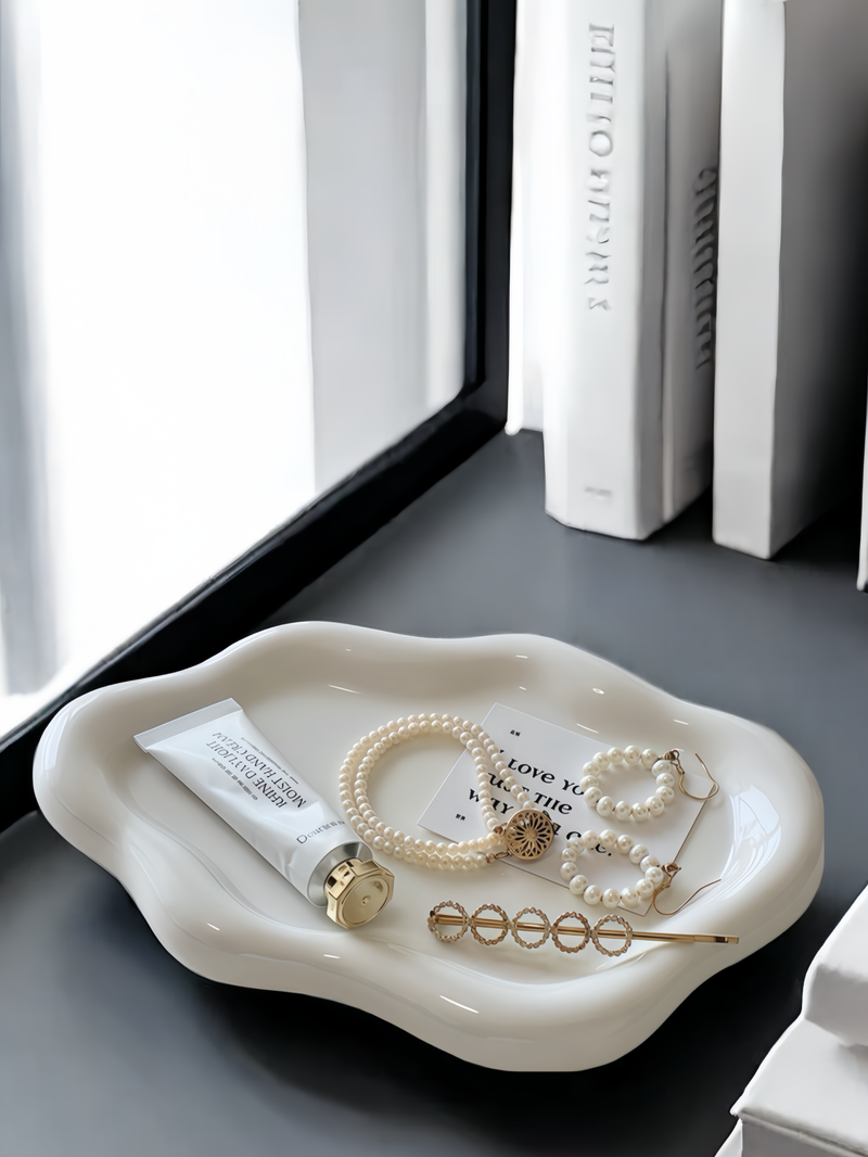 Bandeja de cerámica para guardar joyas con forma de nube blanca, ideal para estantes de escritorio, placas de inducción con llave._voghion.com
