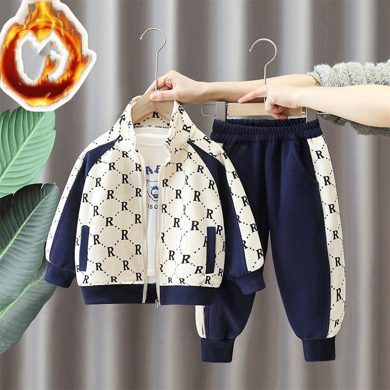 Mother & Kids Boys' Winter Fleece Tracksuit Set With Stand Collar - Cozy Two-Piece Outfit For Kids (3-8 Years, 100-140cm) - Blue & Beige Letter_voghion.com