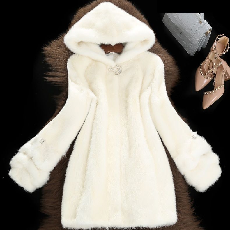 Cappotto con cappuccio in visone sintetico da donna – Giacca invernale di media lunghezza con dettagli in filo metallico (capospalla bianco, elegante e perfetto per l'ufficio)_voghion.com