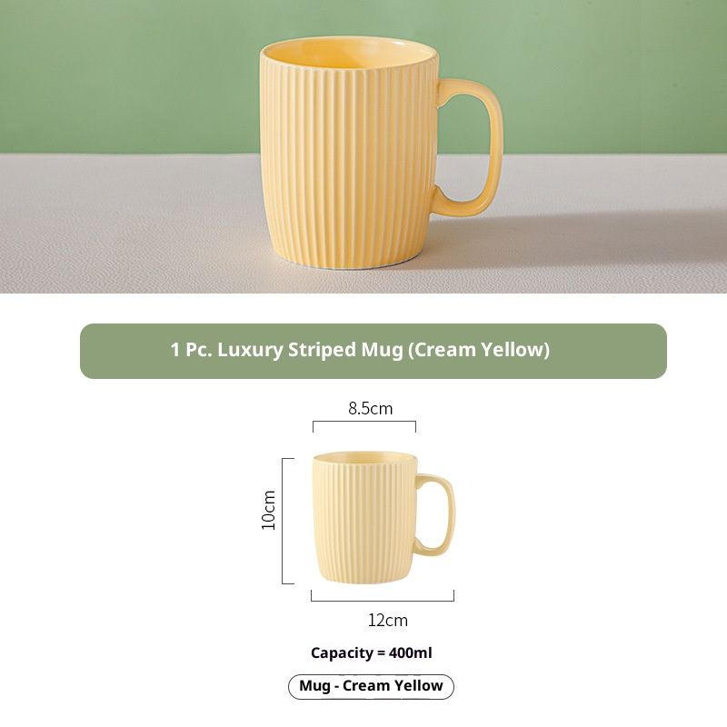 Handcrafted Glazed Ceramic Mug With Vertical Lines - 400ml Elegant Coffee Cup For Home & Office, Comes With Lid_voghion.com