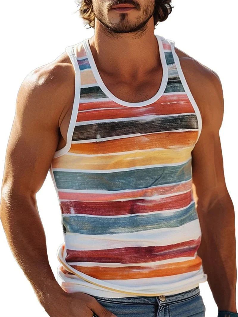 Vacation Refreshing Slightly Elastic Polyester Colorful Striped 3D Printed Wide Men Summer Sleeveless Vest_voghion.com