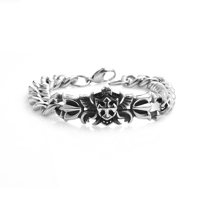 Bracciale da uomo alla moda in acciaio al titanio con croce, scudo, gioielli cubani, elementi geometrici_voghion.com
