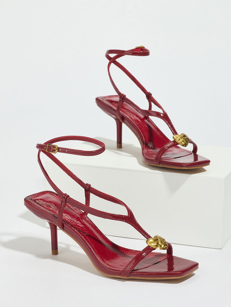 Women's Strappy High Heel Sandals - Square-Toe Thin Strap Summer Dress Sandals With Metallic Buckle (EU 35-41, Red)_voghion.com