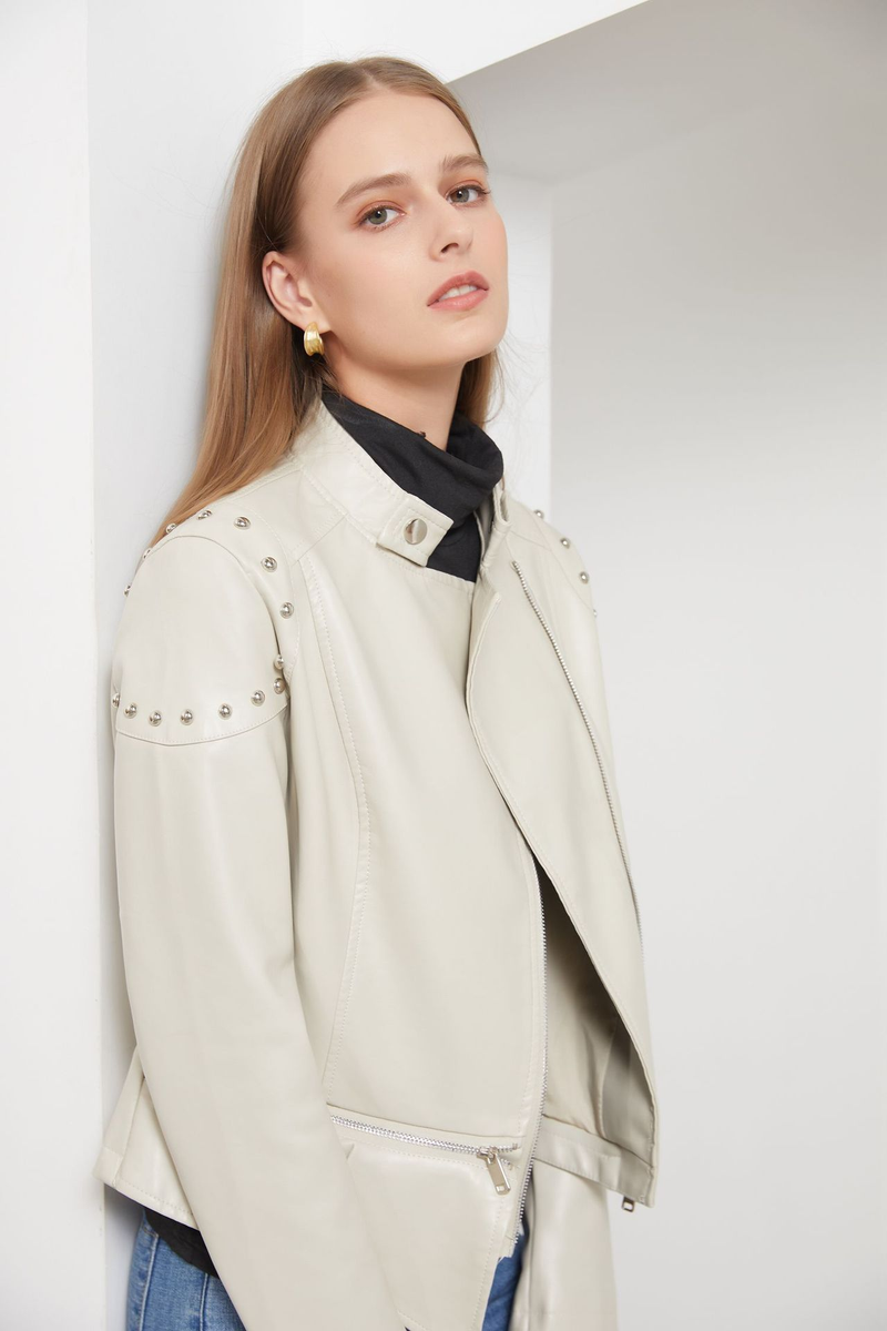 Giacca in pelle con rivetti da donna, nuova moda 2021, con colletto rialzato, tinta unita, primavera e autunno_voghion.com