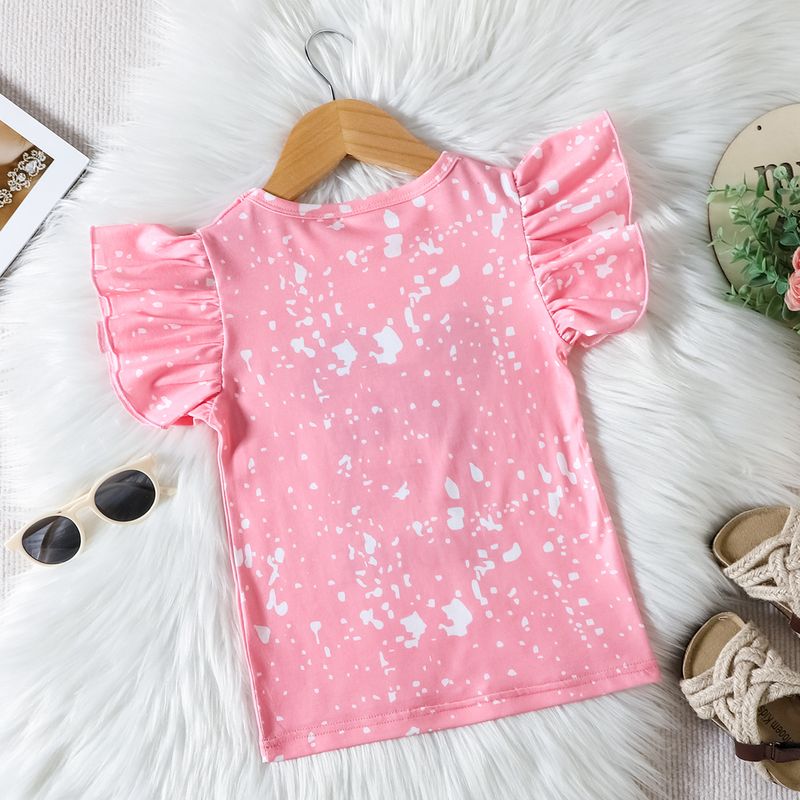 Camiseta de manga corta para niña con estampado de letras y mangas con vuelo - Top de verano de algodón suave para bebés y niños (90-130 cm, rosa/rojo)_voghion.com