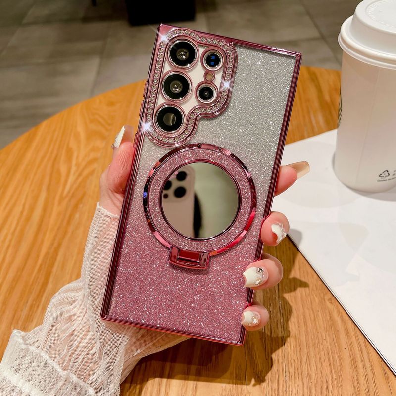 Phone Case & Covers Suitable For Samsung S25ultra Mobile Phone Case Glitter Mirror Magnetic Bracket S23 Electroplated Rhinestone Protective Cover S22+_voghion.com