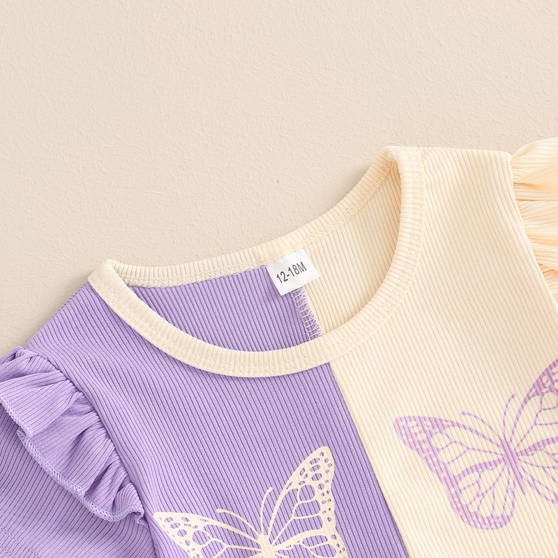 Kid's Clothing sweet versatile butterfly print color matching lace short-sleeved top casual bell-bottom pants suit two-piece set_voghion.com