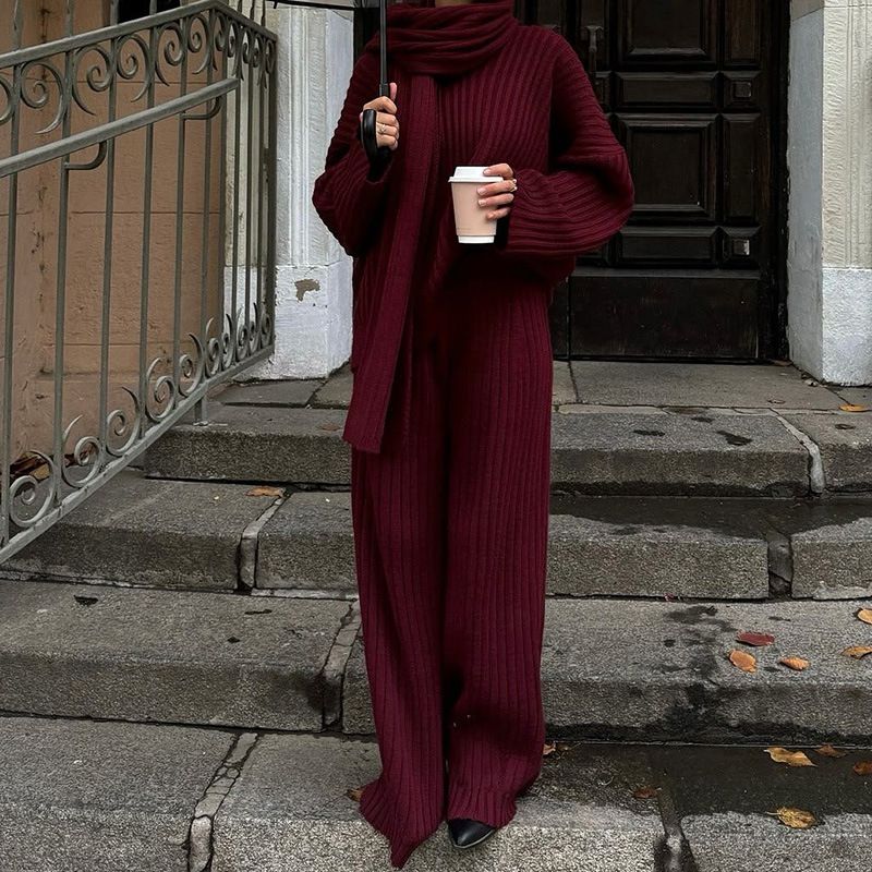 Oversized Knit Sweater & Scarf Set – Fall/Winter Women's Loungewear (Wine Red/Sage Green/Gray, S-L)_voghion.com