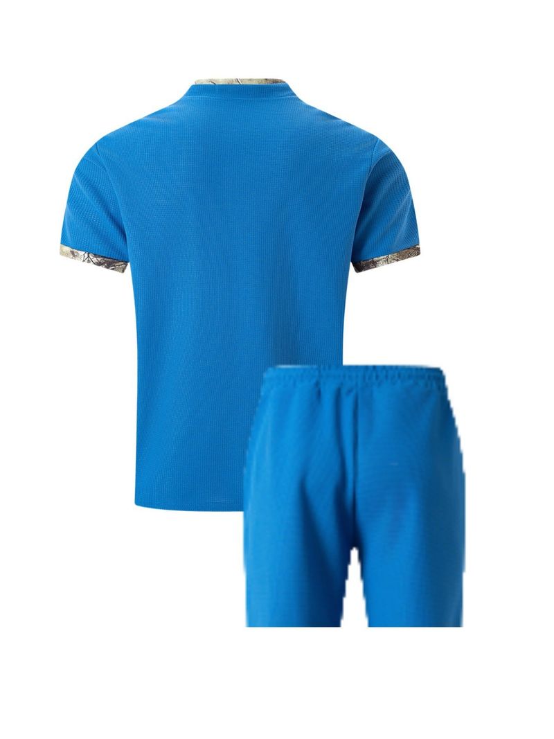 Roupas masculinas com gola alta e waffle, shorts de manga curta combinando com a cor, terno casual_voghion.com