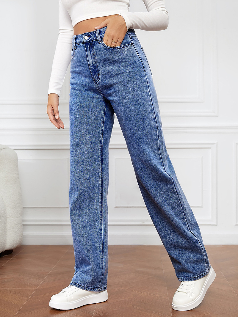 Damkläder i het stil, stretchtvättad denim mode raka byxor jeans dambyxor_voghion.com