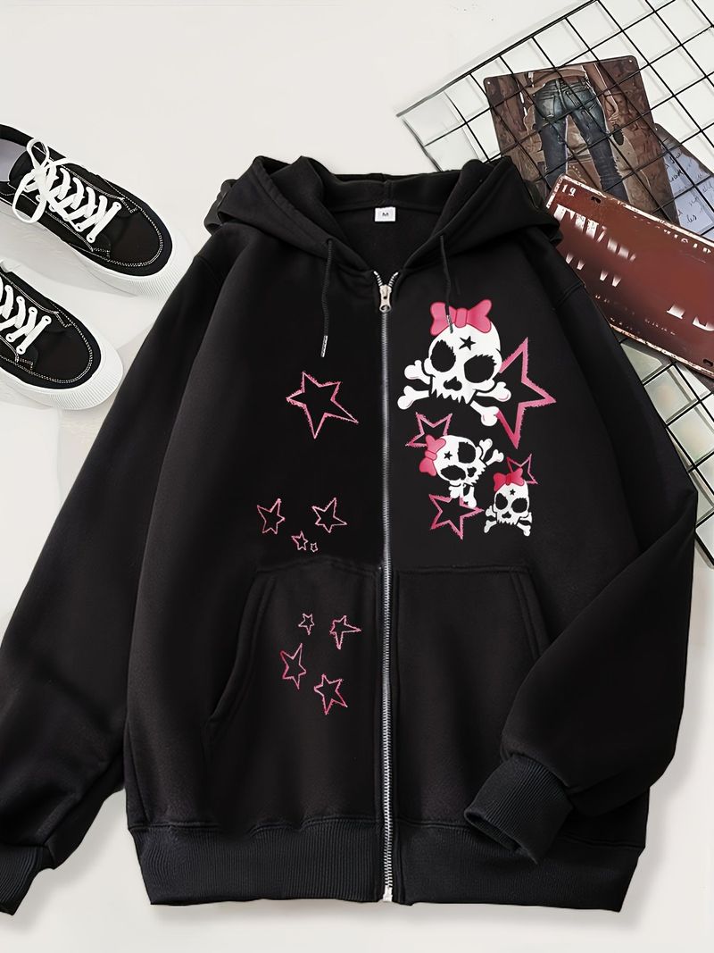Herren-Hoodie mit Gothic-Totenkopf-Print – Schwarzes Sweatshirt mit Reißverschluss und Fleecefutter, Oversize-Passform, Langarm, Unisex-Streetwear für Freizeitkleidung_voghion.com