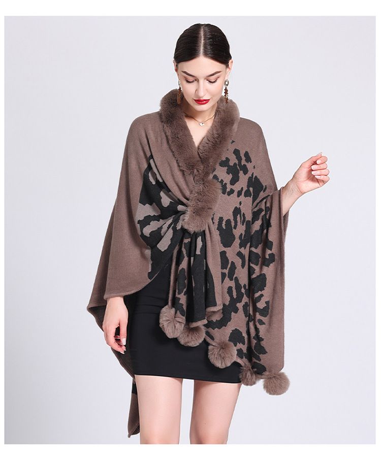Mantella con collo di pelliccia, mantello con palla di pelliccia, mantello jacquard in maglia larga, cappotto di grandi dimensioni_voghion.com