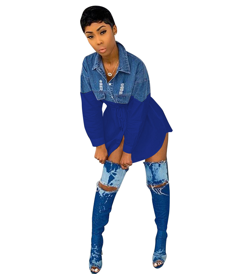 Moda femminile Camicia in denim alla moda con gonna slim fit allacciata_voghion.com