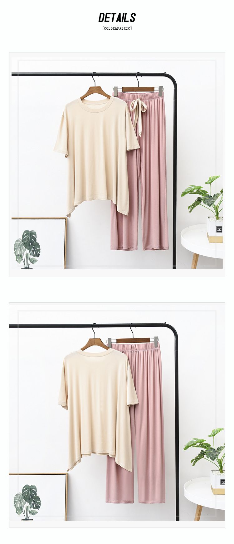 Internet-Berühmtheit für Frauen, Modal, Rundhalsausschnitt, kurze Ärmel, lange Hose mit weitem Bein, Farbblock, Homewear-Set, Pyjama_voghion.com