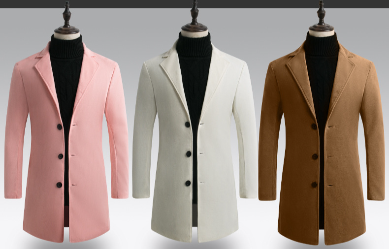 Cappotto da uomo medio lungo in lana slim slim semplice trench in stoffa tinta unita_voghion.com