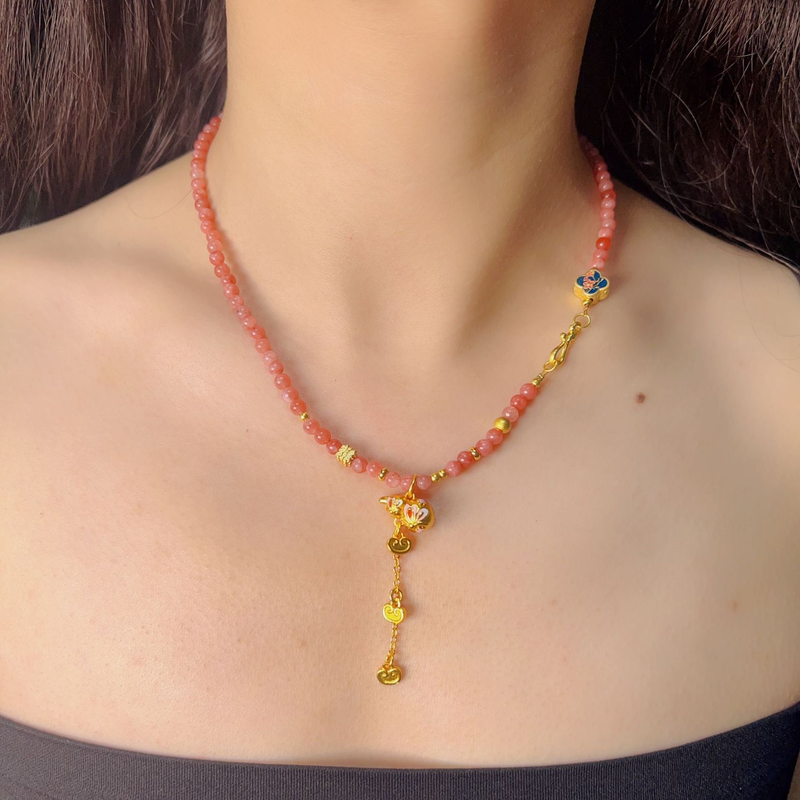 Designer nieuwe Chinese chique roze Perzische jade kralen ketting geëmailleerde kleine Fru fringe choker vrouwelijk_voghion.com