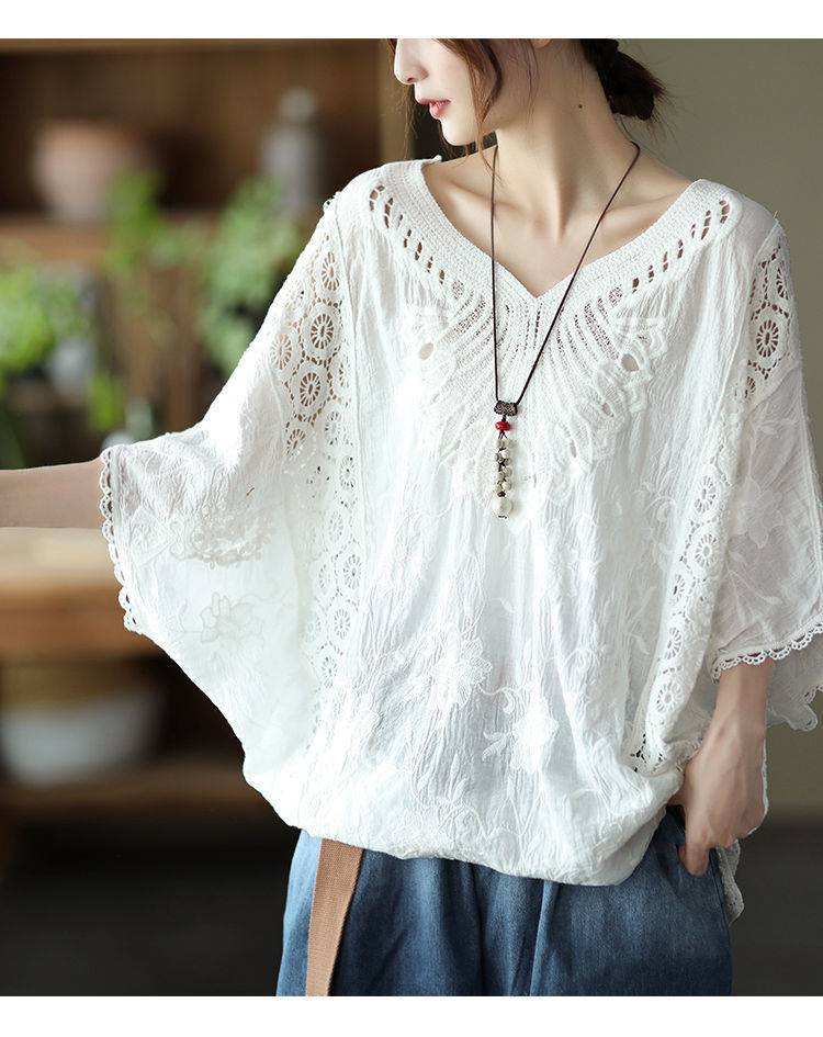 Broderad sommarmode bomull ihålig krok fladdermus ärm topp lös stor storlek kortärmad konstnärlig blus T-shirt för kvinnor_voghion.com