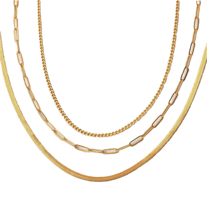 Women's Layered Plated Exquisite K Chain Herringbone Gold Necklace Set_voghion.com
