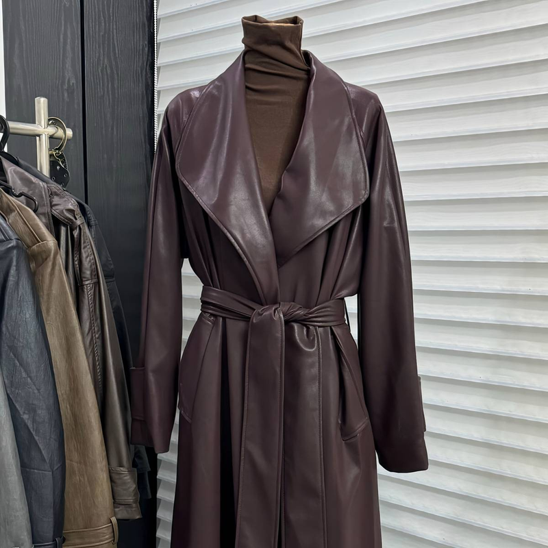 Dame lang motorcykel snøre Slim Pu læderfrakke Trench Coat_voghion.com