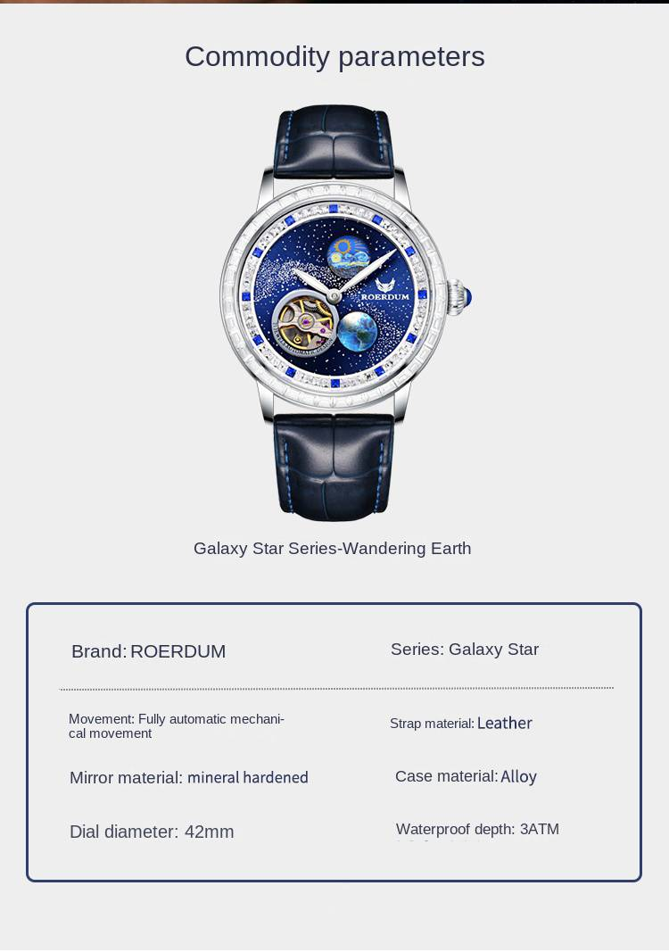 ROERDUM Wandering Planet - Leather Strap, Blue Dial, Trendy Men's Mechanical Watch_voghion.com