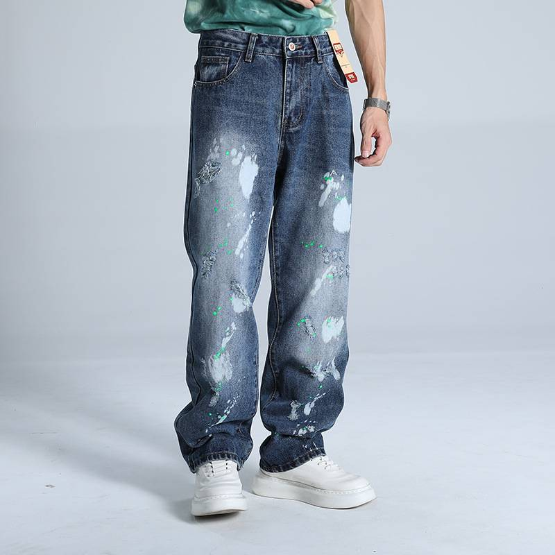 Jeans da uomo streetwear effetto schizzi di vernice – Lavati, gamba dritta, vestibilità comoda (taglie 31-38, stonewashed e leggermente elasticizzati)_voghion.com