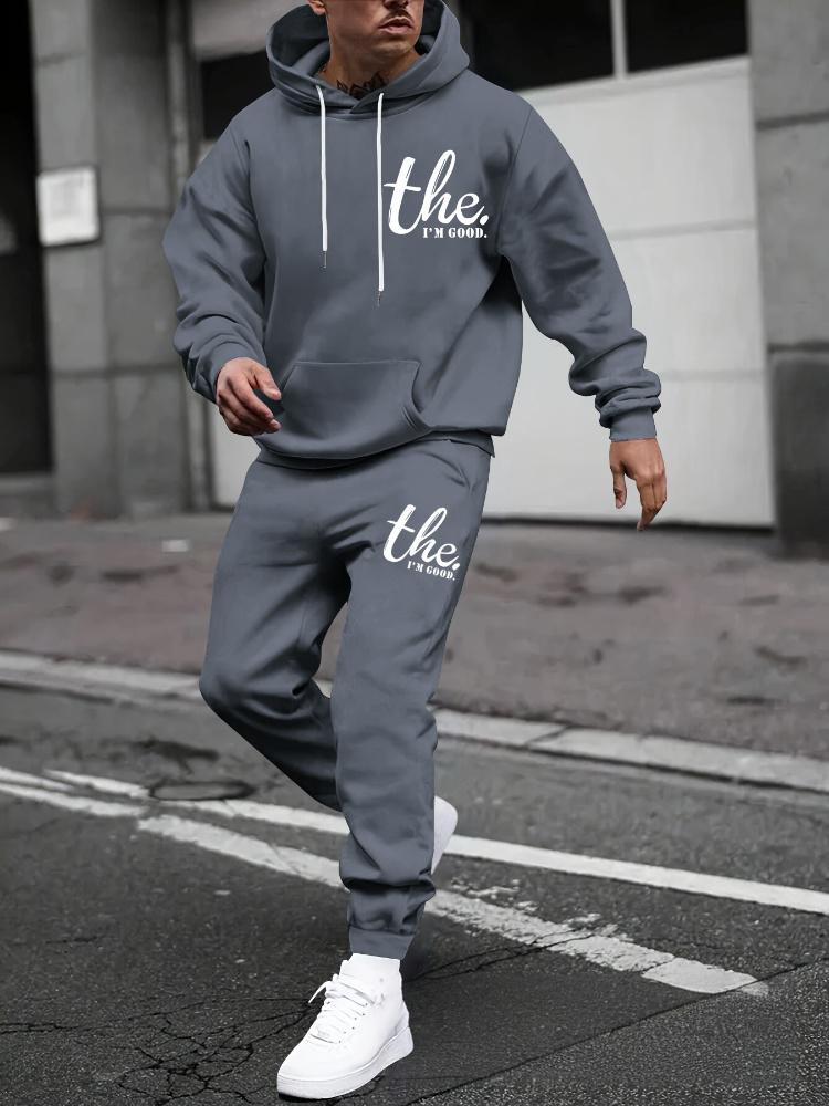 Conjunto de sudadera y jogger estampado para hombre, chándal de invierno con forro polar grueso, ropa deportiva informal de dos piezas_voghion.com