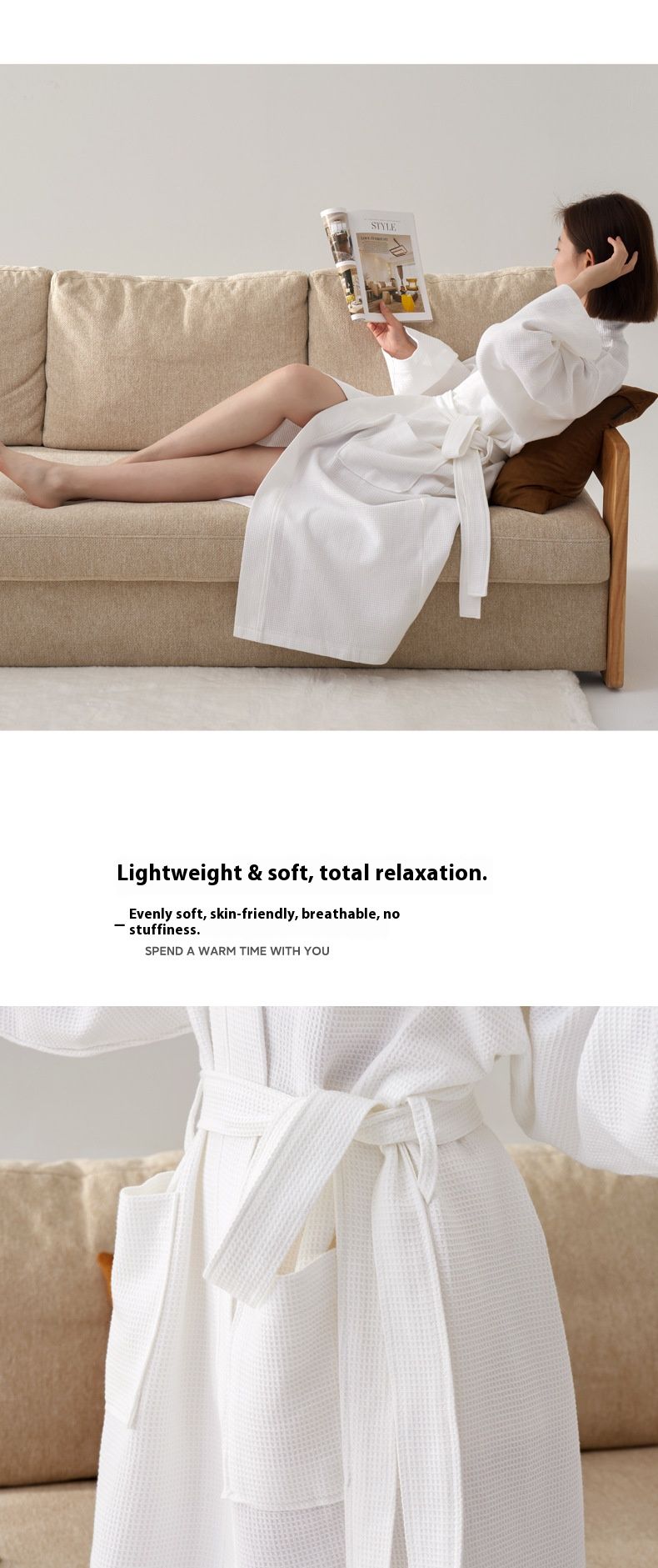 Mingke 100% Cotton Waffle Weave Bathrobe – Unisex All-Season White Spa Robe For Hotels & Home, One-Size Fits Most_voghion.com