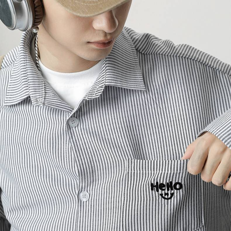 Men's Retro Stripe Long Sleeve Shirt, Contrast Color Loose Fit Casual Top With Embroidered Pocket, Spring & Summer Streetwear Shirt Jacket_voghion.com