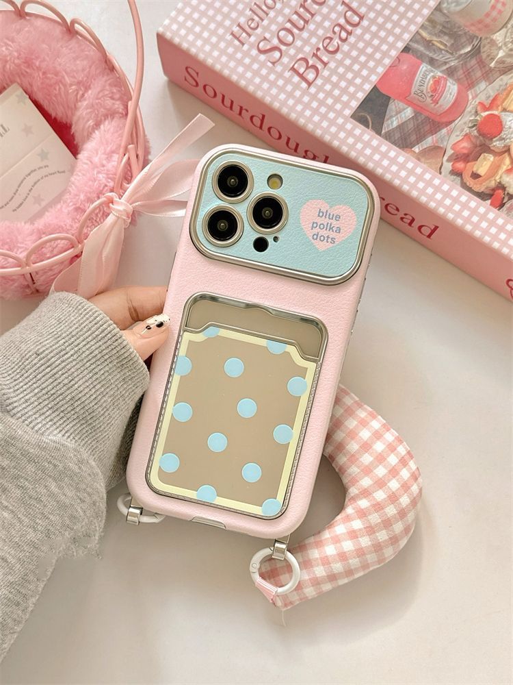 Korean-style Niche, Sweet Polka Dot Mirror Card Case For IPhone 17 Pro Max Phone Cover. 16th New Model 15th With Wristband And Hanging String._voghion.com