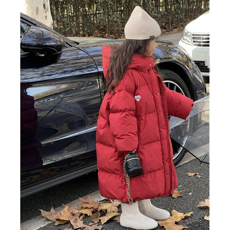 Langer Puffermantel im koreanischen Stil für Mädchen – Knielange Winterjacke mit Fleecefutter (ab 8 Jahren, 120–170 cm, Schwarz/Rot)_voghion.com