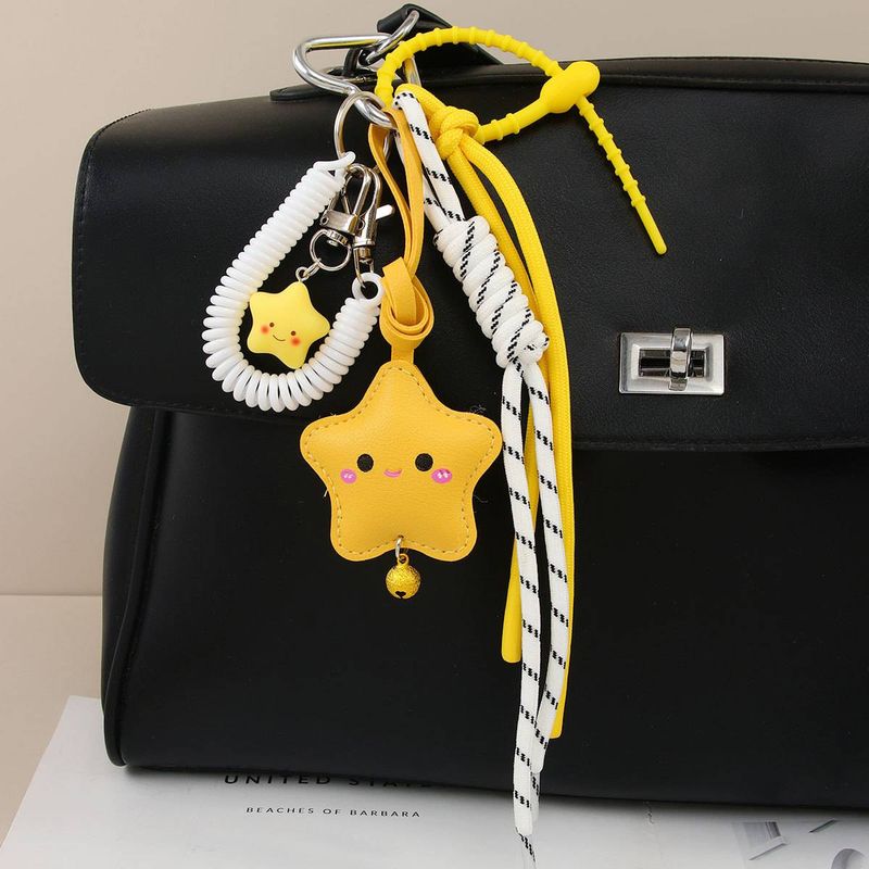 Happy Smiley Star Keychain - PU Leather 3D Pendant With Braided Rope For Bags, Backpacks & Keys (Yellow)_voghion.com
