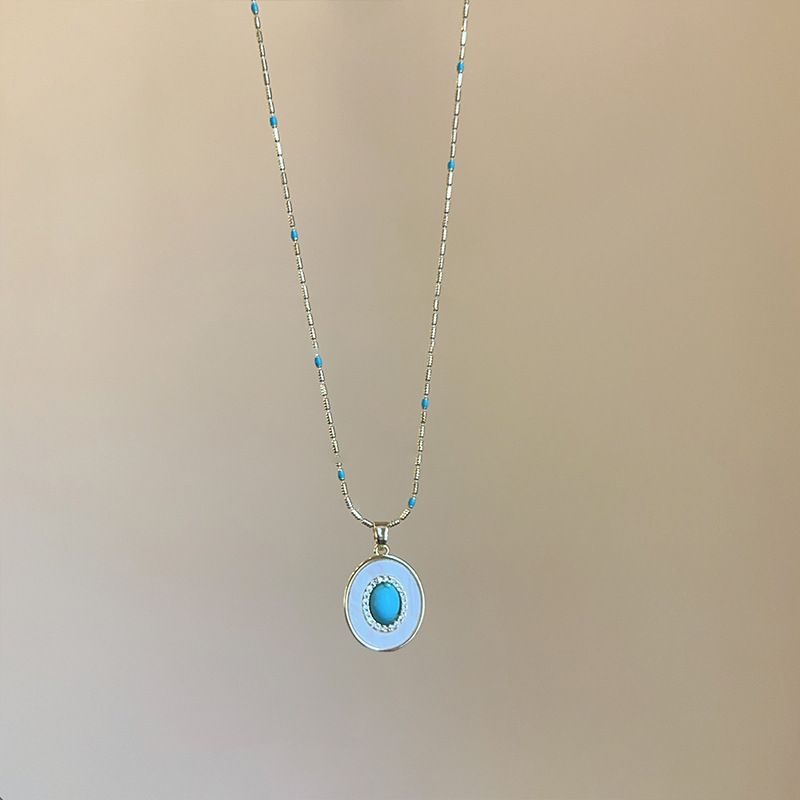 Super Shiny Zircon Mother-of-Pearl Oval Turquoise Pendant Niche Collarbone Chain Light Luxury High-End Necklace_voghion.com