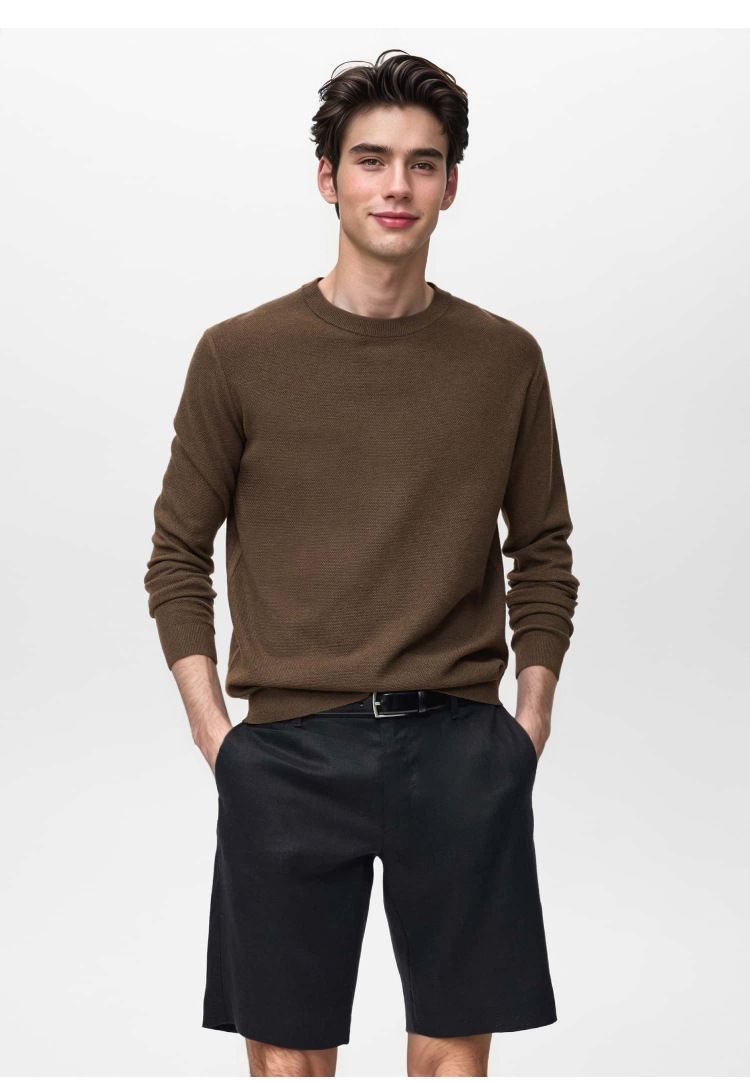 Pull en maille automne/hiver pour homme - Pull col rond extensible et respirant (beige/crème/marron/noir)_voghion.com