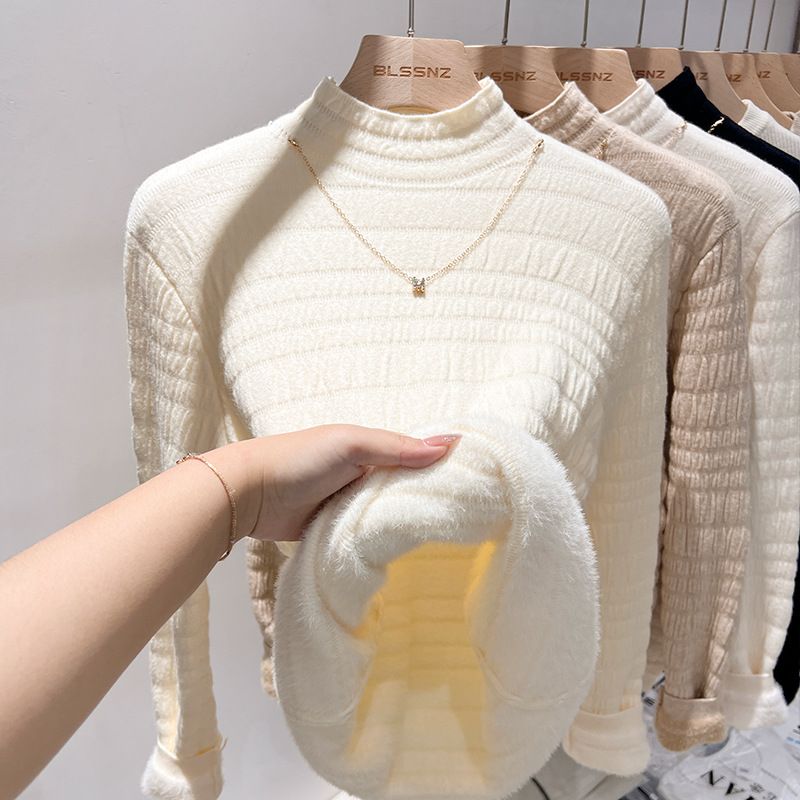 Damen-Strickpullover mit Fleecefutter, halbhoher Rollkragen, langärmliges Thermo-Oberteil für den Winter (inklusive Halskette) – weicher Kunstnerzstoff, schmale Passform, reine Farbe_voghion.com