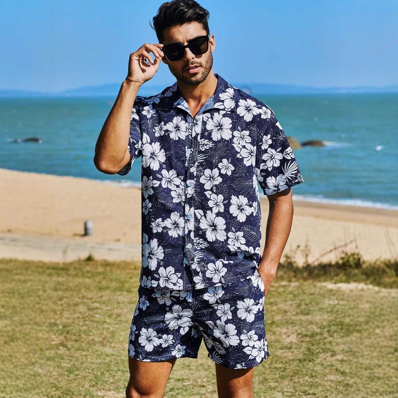 Blumen Kurzarmanzug Hawaiianischer Strand lockerer Urlaubsanzug Hemd Shorts zweiteiliges Set für Herren_voghion.com