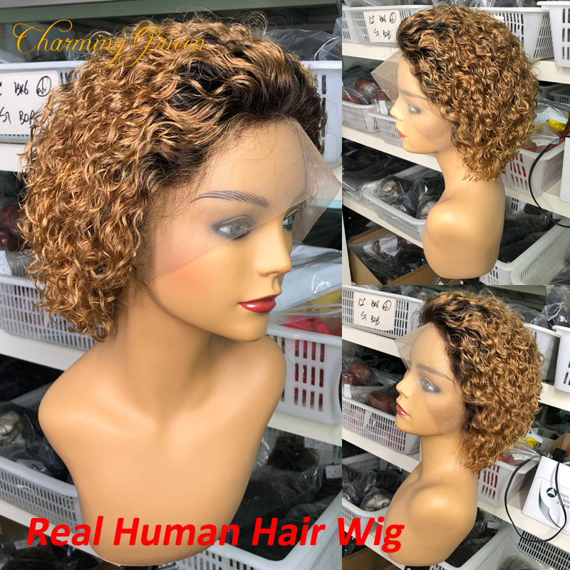 Pixie corte peruca de cabelo humano 1b/27 # t-color encaracolado perucas dianteiras do laço para as mulheres ombre mel loira colorido encaracolado curto bob peruca cabelo do bebê_voghion.com