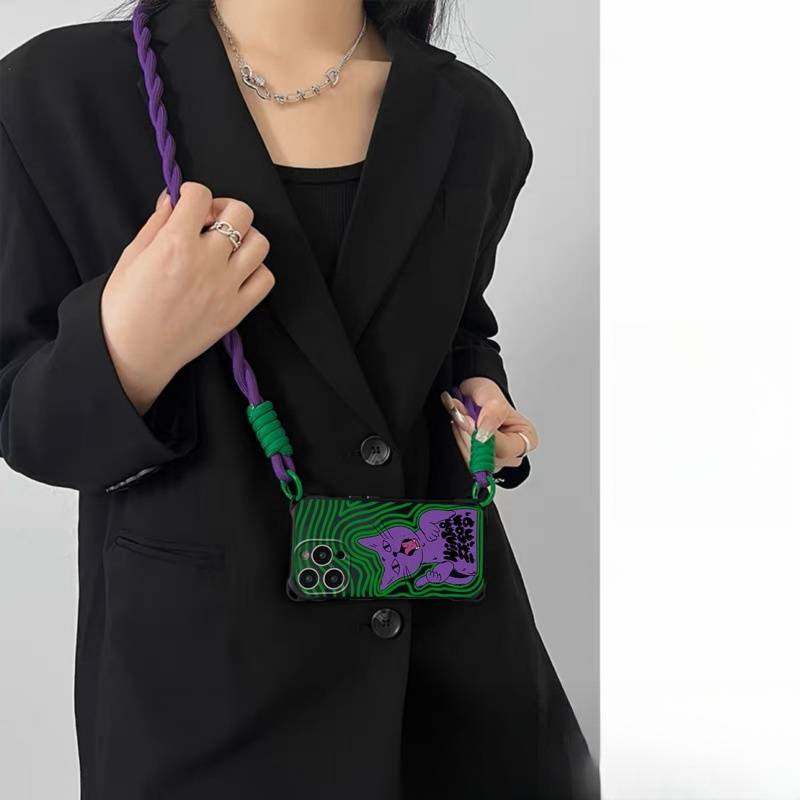 Custodia per telefono iPhone15 14 con tracolla tendenza gatto cartone animato 13 cordino intrecciato 12 11 copertura completa x/xs donna xr_voghion.com