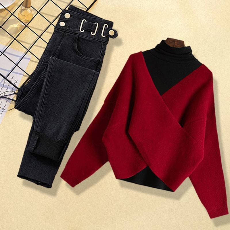 Women's Clothing Large Size Women's Autumn And Winter Suits Red Knitted Sweater Women's Slim Jeans Two Piece Suit_voghion.com