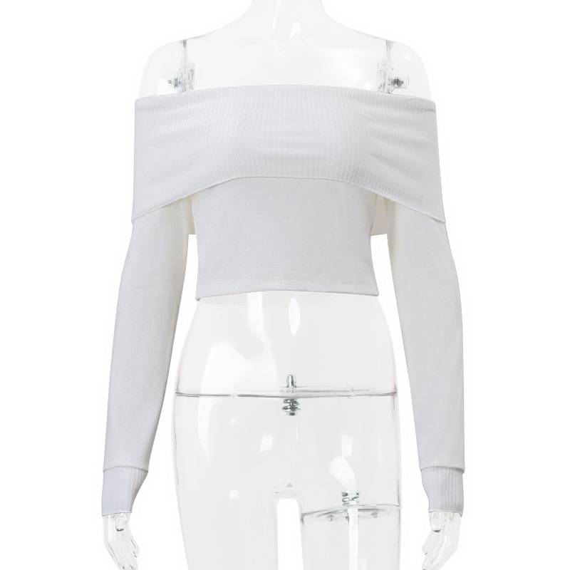 Eleganti magliette corte a coste con scollo a V, tinta unita, autunnali, attillate, a maniche lunghe, con spalle scoperte, francesi, delicate, attillate_voghion.com