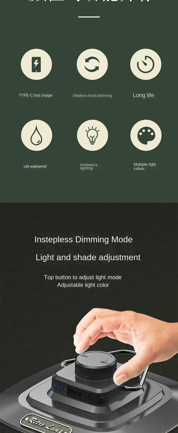 Coloda Vintage Ambient Camping Light -resistant Type C Rechargeable Camping CLD-LYD022High-level Black_voghion.com