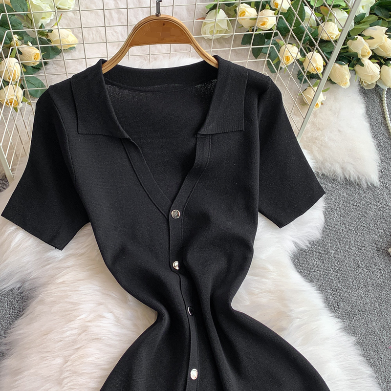 Abito monopetto con scollo a V da donna, gonna lunga con spacco snellente in maglia femminile_voghion.com