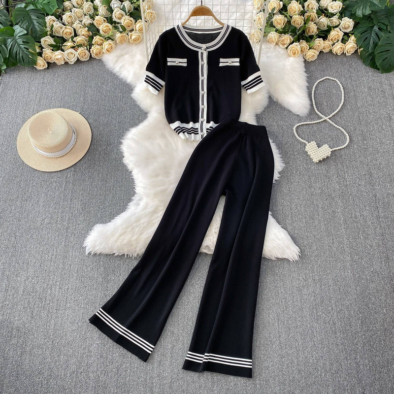 Women's Clothing Temperament Contrast Color Round Neck Short Sleeve Knitted Top Casual High Waist Slim Straight Wide Leg Pants Two Piece Set_voghion.com