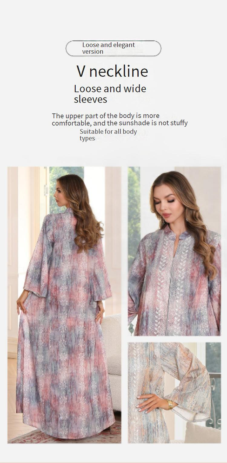 Elegant Embellished Abaya Dress – Chic Muslim Gown With Floral Print & Sequin Details (M-XXL, Champagne/Pink)_voghion.com