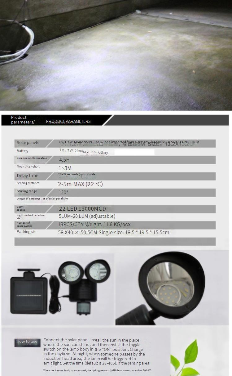 Lámpara solar con sensor de movimiento, doble cabezal, 22 LED, impermeable, para exteriores, iluminación de paisajes, para jardín, caminos y garajes._voghion.com