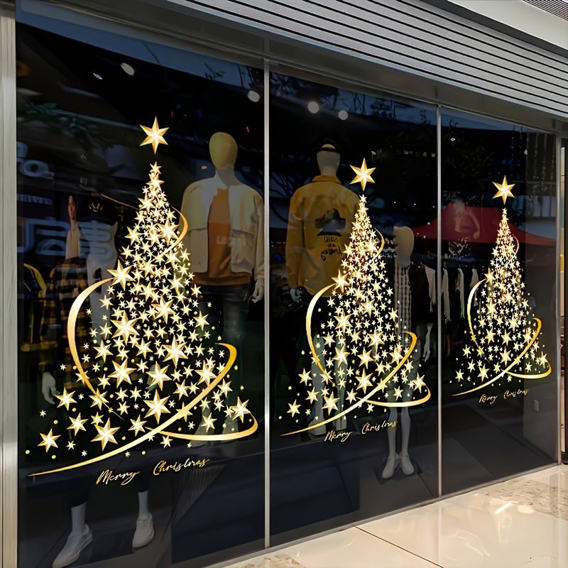 Christmas Gift For Kids - Gold Christmas Tree Window Clings, Easy Static Cling Snowflake Stickers For Glass Doors & Windows, No Mess Removable Decor_voghion.com